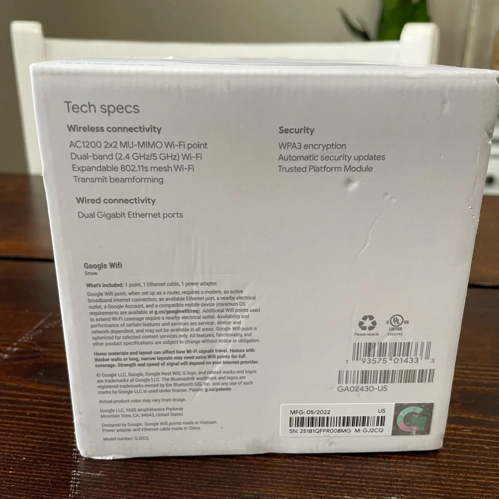 GOOGLE WIFI Mesh Router (AC1200) 1 pack GA02430-US #